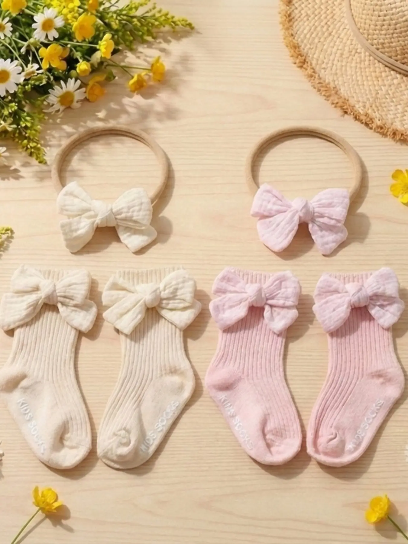 Cute Baby Headbands Set, Includes 2 Pieces + 2 Pairs Socks, New European Style Floral Design, Perfect for All Seasons