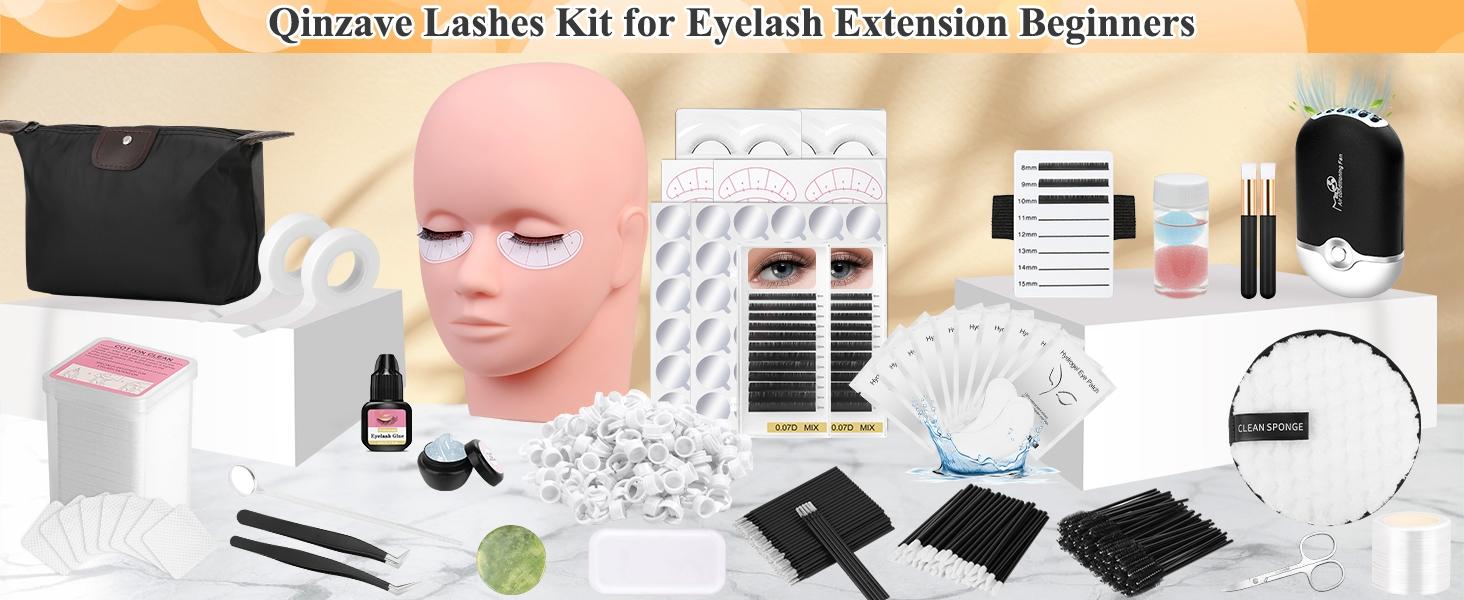Lashes Kit for Eyelash Extension Beginner Lash Tech Starter Kit with Eye Lash Mannequin Head, Professional Eyelash Extension Kit with Lash Fan, Extension Glue and Eyelash Remover for Practice Training