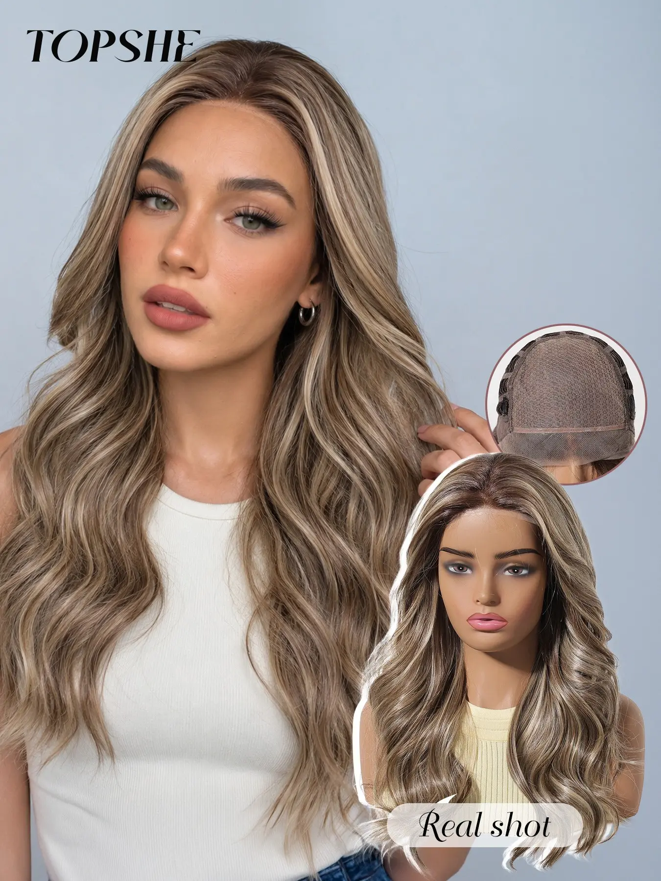 Topshe Mono Lace Wig, Long Wavy Hair, Adjustable Elastic Band, Breathable Mesh, Comfortable for All Seasons, Ideal for Travel and Work