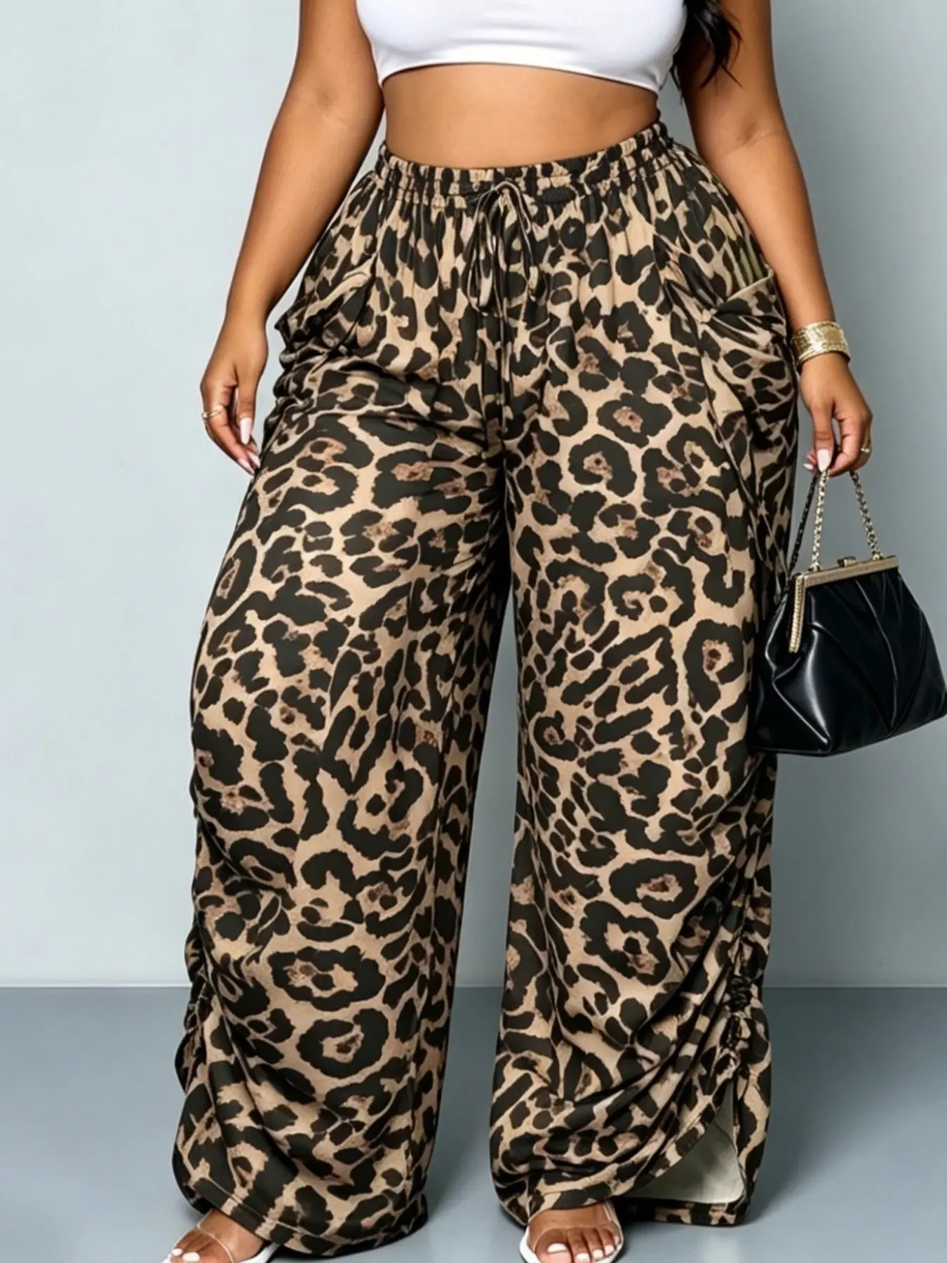 1pc Street Style Low Waist Casual Loose Fitted Pants, Drawstring Wide Leg Trousers, Summer Versatile Leopard Print High Waist Elegant Long Pants For Women