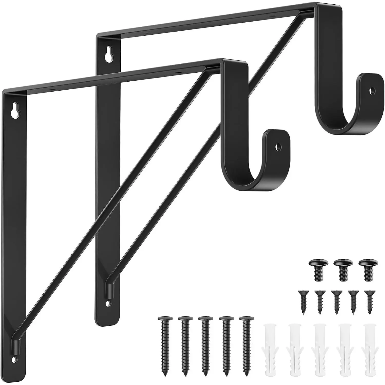 2 Pack Closet Rod Brackets, Heavy Duty Supports for 300 lb, Black | Reinforced Triangle Frame, - Metal Construction, Wall Mount, Closet Brackets for Rod, Sturdy and Durable, Closet
