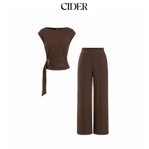 Cider Boat Neck Metal Detail Belted Ruched Top & Mid Rise Straight Leg Trousers Set