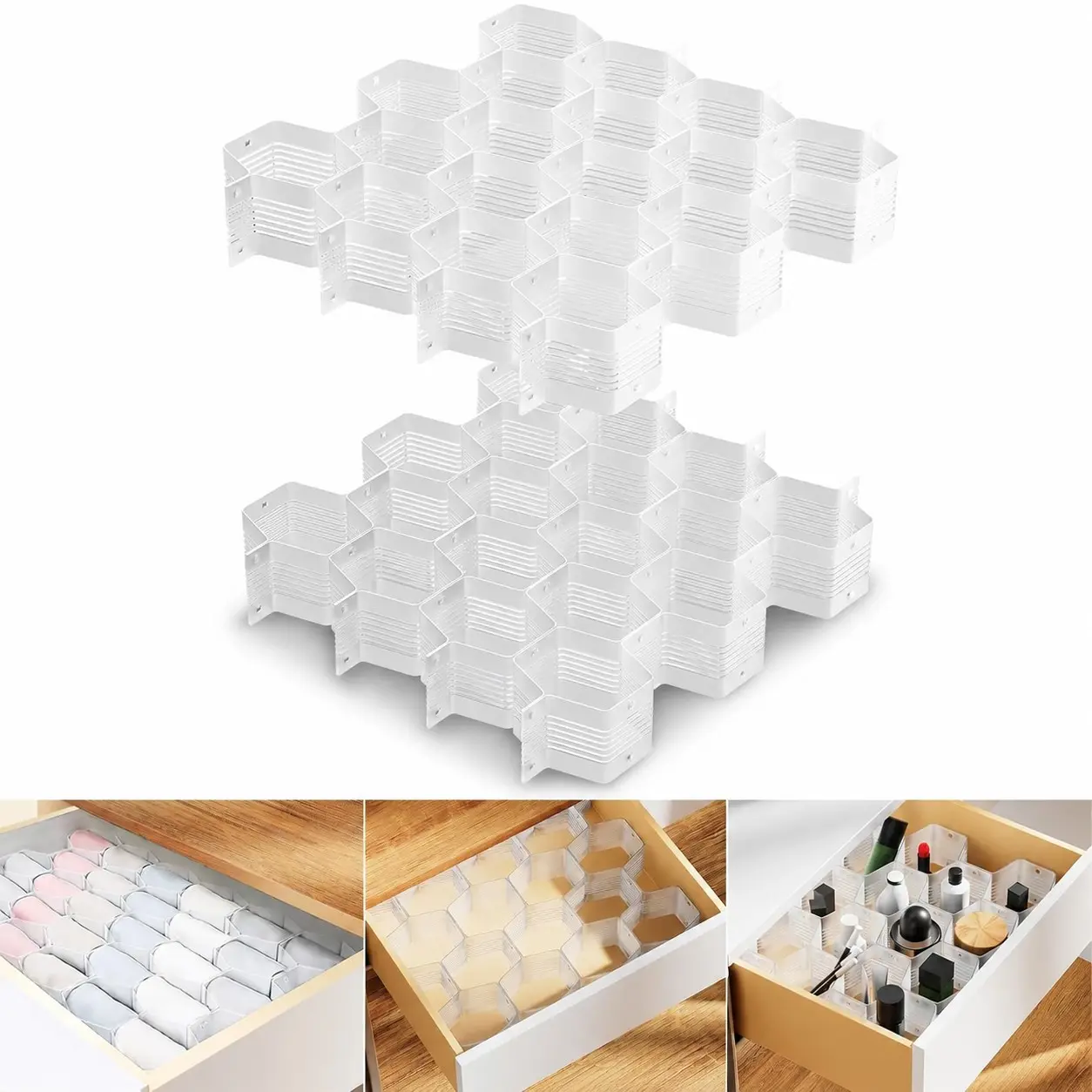 2PCS white honeycomb dividers, adjustable drawer dividers—multifunctional home storage boxes ideal for socks, cosmetics, and various small items