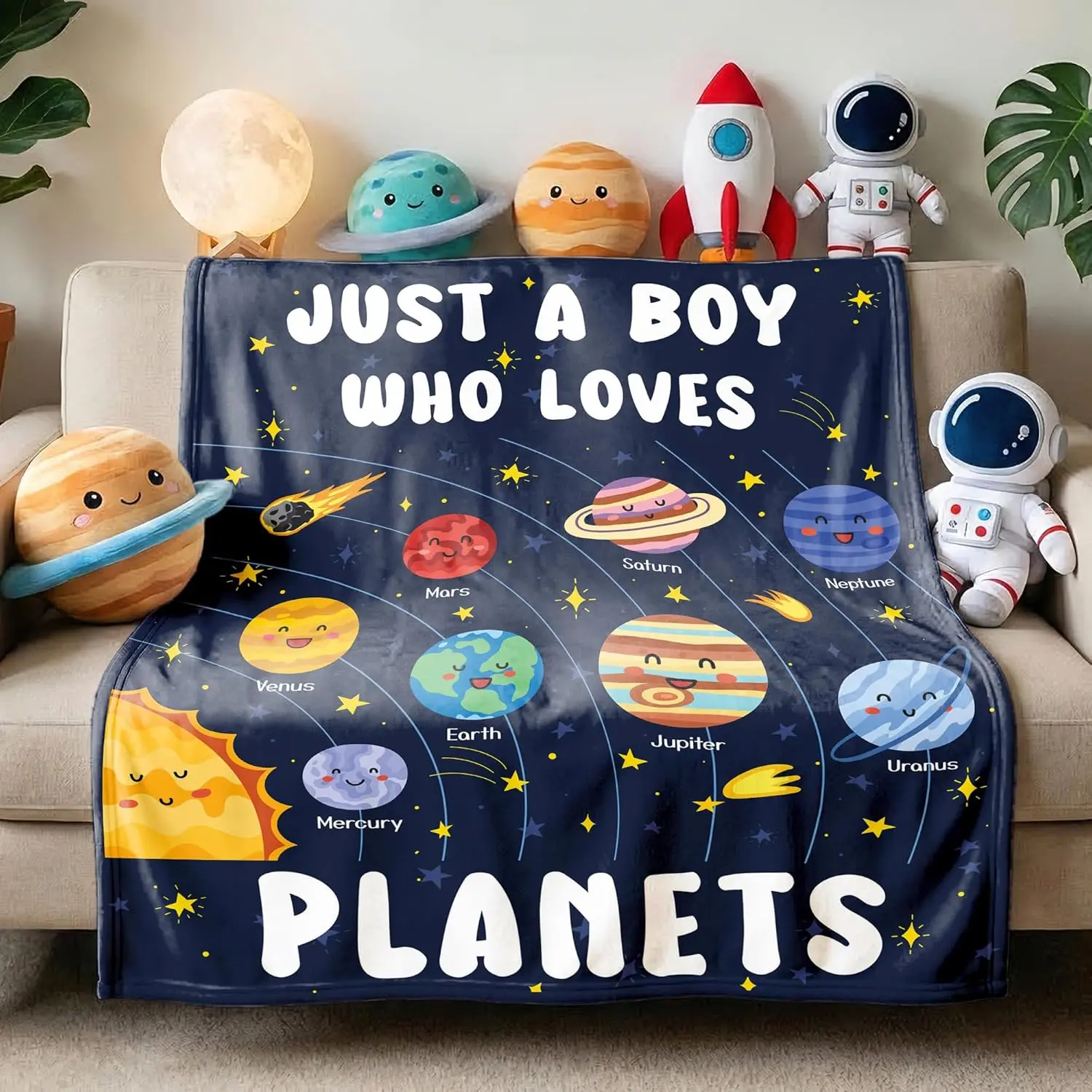 Just A Boy Who Loves Planets Solar System Space Throw Blanket Fannel Fleece Super Soft Funny Blanket Travel Throw Blanket for Bed Couch Sofa