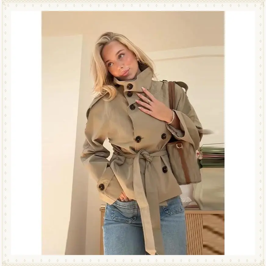 OfficeTrenchCoatWomenDoubleBreastedBeltedJacketStandCollarCroppedStyleFallWorkwearElegantTimelessPiece