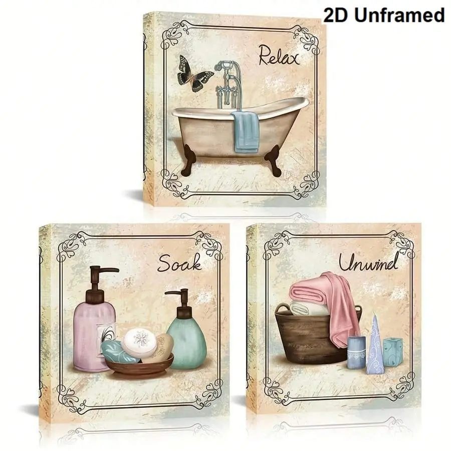 3 Piece Set Relaxing Spa Style Canvas Wall Art, Vintage Bathroom Decor Posters, Perfect Gift Idea for Birthday and Graduation