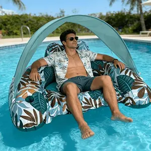 1 Inflatable Pool Float w/ Canopy – Stay Cool & Sip Easy! Tropical Leaf-Print Lounge w/ Cup Holders, Perfect for Beach Pool Parties & Lake Days, No More Sunburn – For Adult Sun Lovers, Your Summer BFF (Get a 2nd for a buddy!)