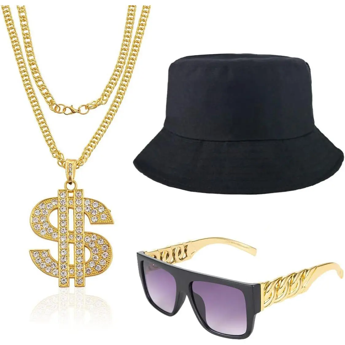 Hop Costume Kit Rapper Hat Sunglasses Dollar Sign Pendant Necklaces 80s/90s Rapper Accessories