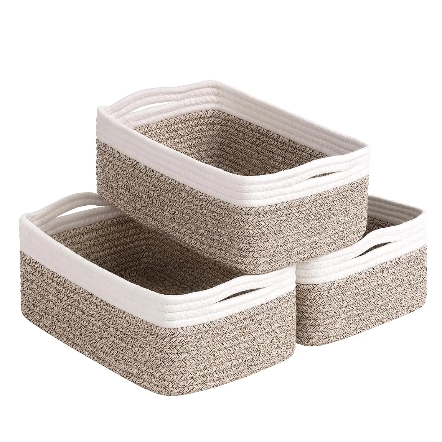 Cotton Rectangle Pet Accessory Organiser Baskets (3-Pack, 11x7x4.5 in) - Foldable, Durable, with Handles, White & Light Brown Christmas Gift for Bathroom Shelf Storage