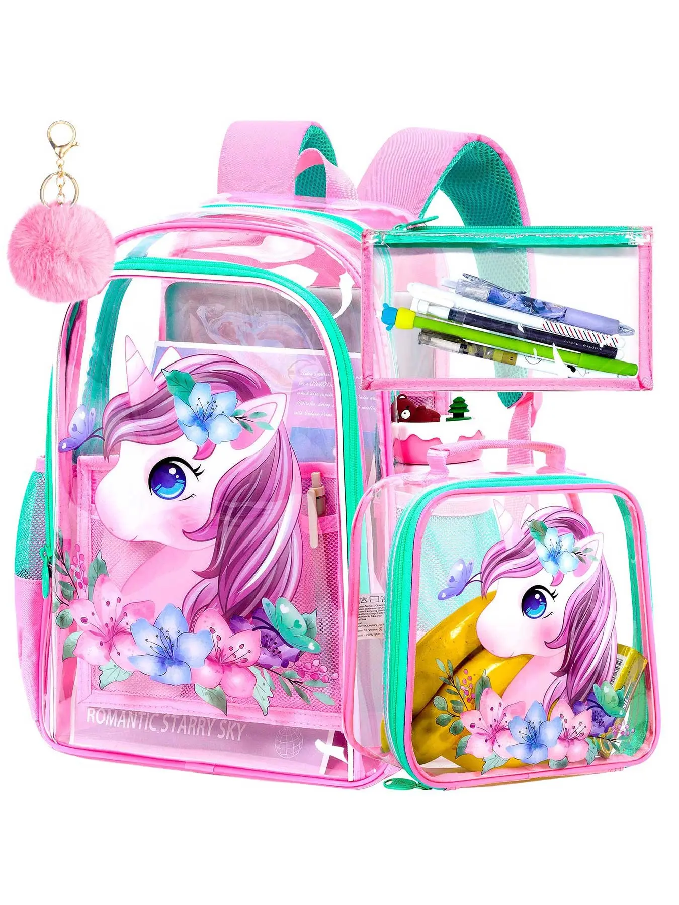 3-piece transparent girls' backpack, Clear Transparent Backpack, children's transparent schoolbag, a see-through schoolbag suitable for primary school and preschool children - pink unicorn