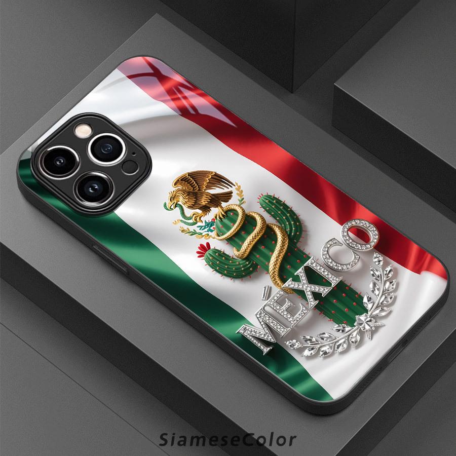 Exquisite 2D Pattern Mexican Flag Diamond Badge Glass Phone Case, Suitable for iPhone 17 16, 15, 14, 13, 12, 11 Plus Pro Max