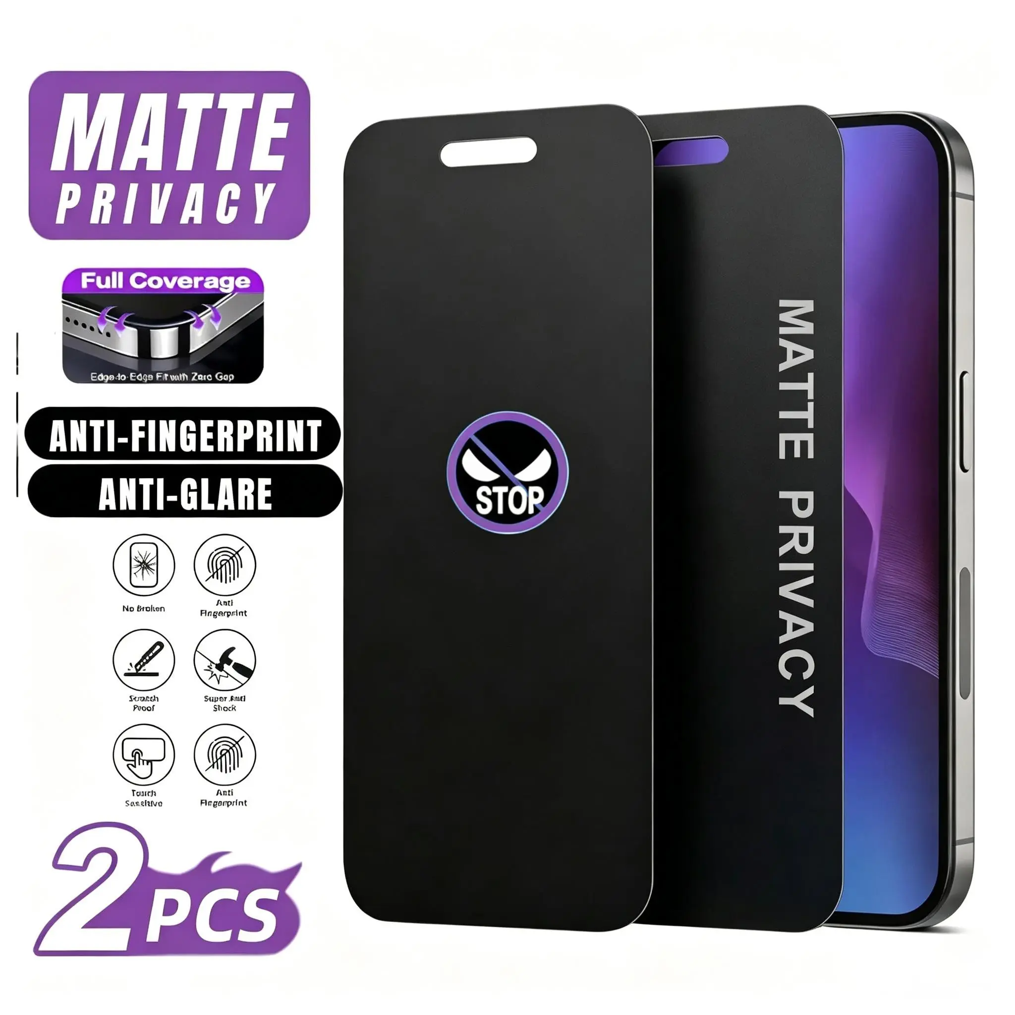 2-Pack Full-Screen Matte HD Anti-Peep Privacy Screen Protector, Compatible with iPhone 17 Pro Max/17 Air/16 Pro Max/16E/15 Pro Max/15 Plus/14 Pro/13/12/11 Pro Max/Xs MAX/XS/XR Plus. Made of Anti-peep Tempered Glass with 9H Hardness, Upgraded Bezel