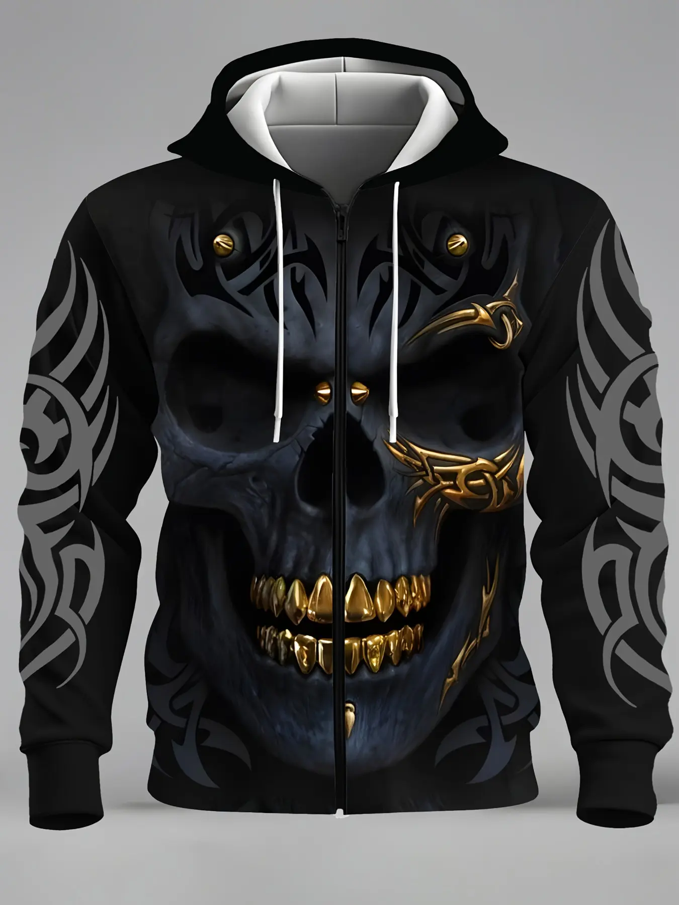 Men's Zipper Hooded Open Front Gold Skull Tribal Totem Print Gothic Streetwear Casual Style Long Sleeve Jacket, Casual Loose Fit Outer Vest