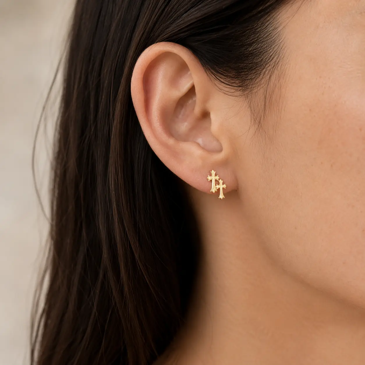 Gold Double Cross Stud Earrings for Women Men, 14K Gold Plated Double Piercing Cross Earrings, Lightweight Unisex Fashion Jewelry Accessory