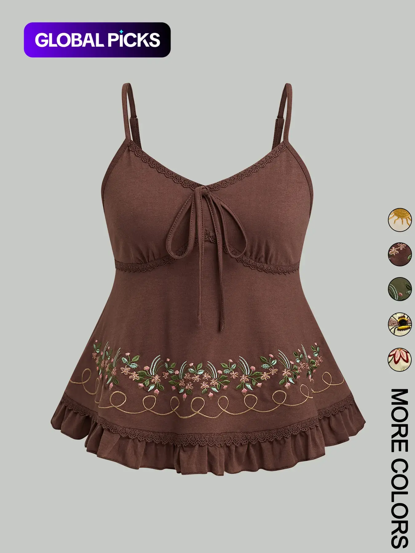 1 Pc Women's Floral Embroidered Ruffled-Hem Fitted Casual Chic Sleeveless Camisole, Casual Feminine Soft Stretchy Fabric with Adjustable Straps, Cute Embroidery Patterns (Flower/Bee/Sun), Lace-Trim Babydoll Top, Womenswear #GLOBAL PICKS
