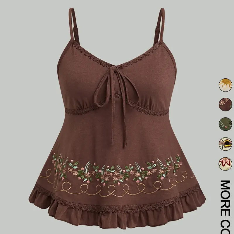 1 Pc Women's Floral Embroidered Ruffled-Hem Fitted Casual Chic Sleeveless Camisole, Casual Feminine Soft Stretchy Fabric with Adjustable Straps, Cute Embroidery Patterns (Flower/Bee/Sun), Lace-Trim Babydoll Top, Womenswear #GLOBAL PICKS