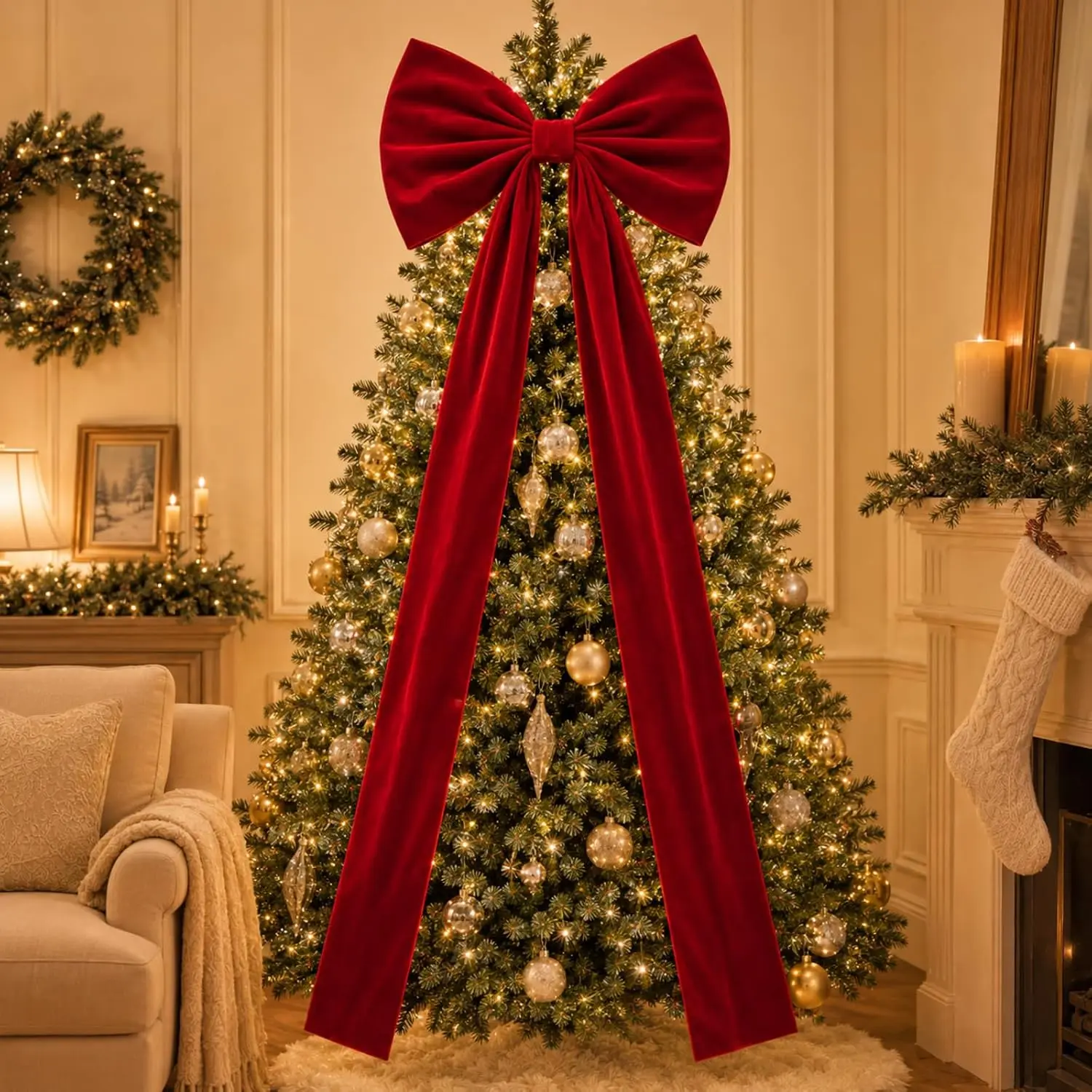 1 Pack 20 x 71 Inches Christmas Large  Bows,Deep Red | Halloween Tree Topper Bow Decor, Giant Christmas Front Door Bows with Long Streamers for  Wreath Wall Backdrop Party