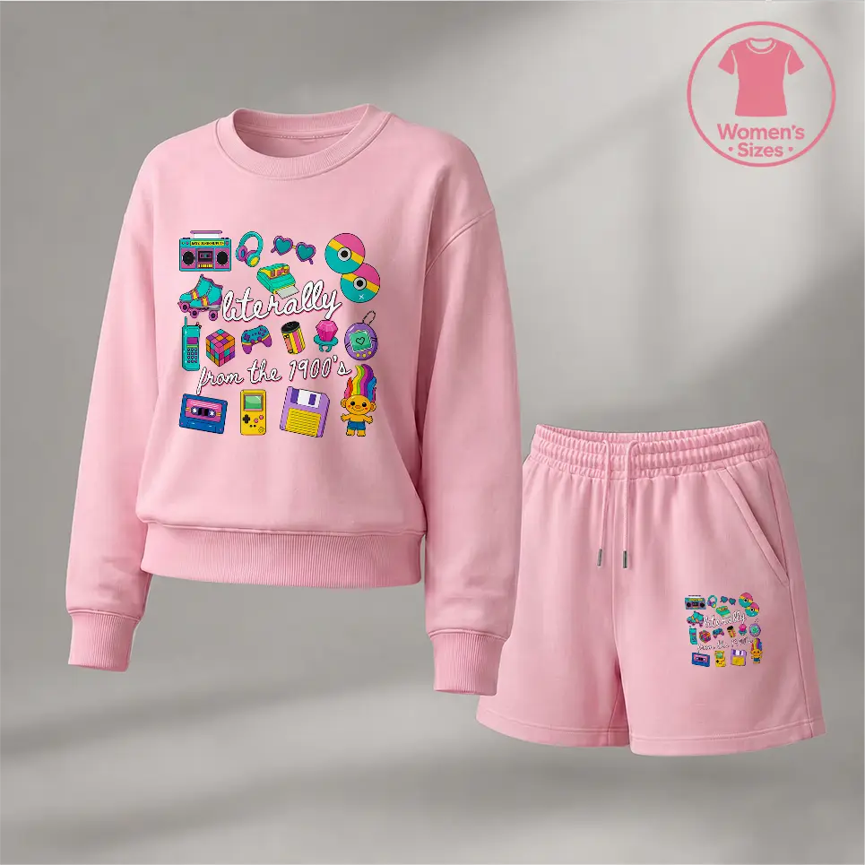Women's Retro Graphic Sweatshirt and Shorts Matching Set, 90s Inspired Cropped Long Sleeve Top with Comfortable Lounge Shorts, Cute Casual Two Piece Outfit for Y2K Fashion, Daily Wear and Outdoor Activities