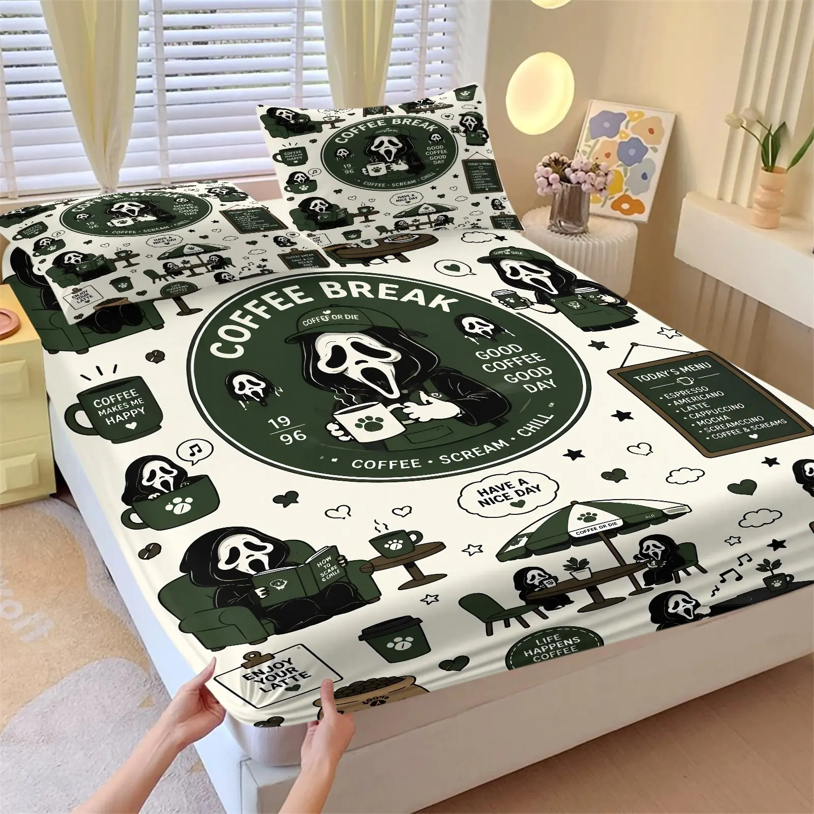 Green Ghostface Coffee Break Scream Fitted Sheet Set (1 Fitted Sheet + 2 Pillowcases), Soft Breathable Microfiber, All-Around Elastic Deep Pocket Non-Slip Bedding Set, Cartoon Horror Cafe Print, Casual Halloween Bedroom Decor