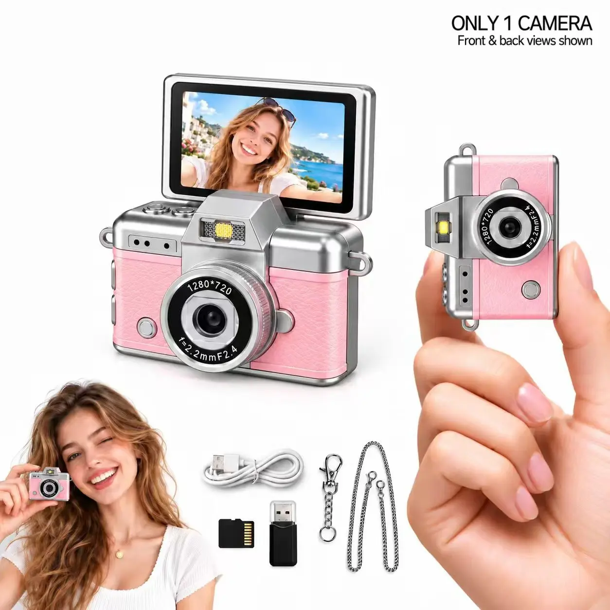 Mini Keychain Digital Camera with SD Card, Reader, Adapter, Pocket Size, Video Recording, Photo & Video Capture, Retro Vlog Camera, Travel, Concert, Christmas Gift