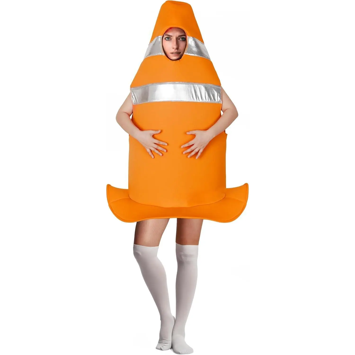Adult Traffic Cone Costume, Orange One Size, Reflective Strips with Face Opening and Internal Head Wrap, Arms and Lower Legs Free(Gift)