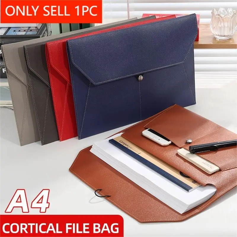 1Pcs Fashion Leather File Bag For Document Organizer Data Paper Organizer A4 Document Storage Bag Business Contract Bills Office Accessories Corporate Work Desk Accessories