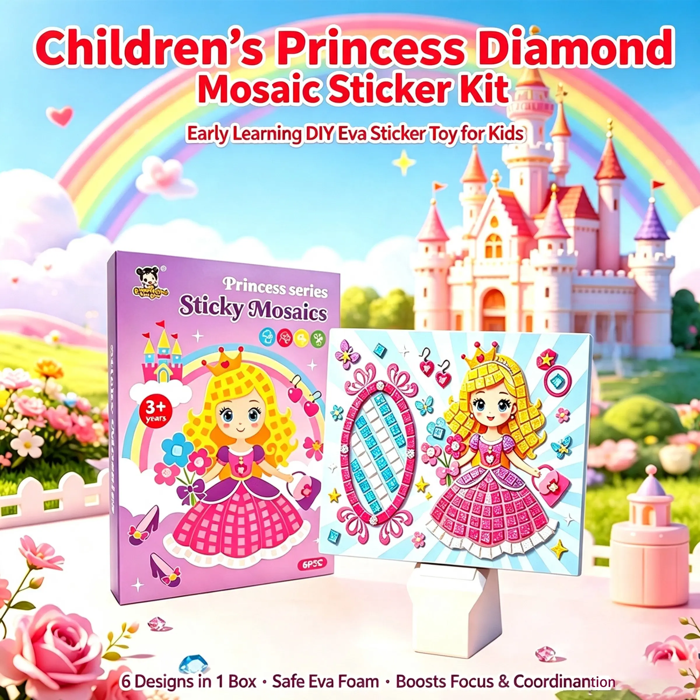 6-Pack Educational Mosaic Puzzle Toy, DIY Craft Kit, Diamond Sticker Set, Creative Play Material Pack for Kids