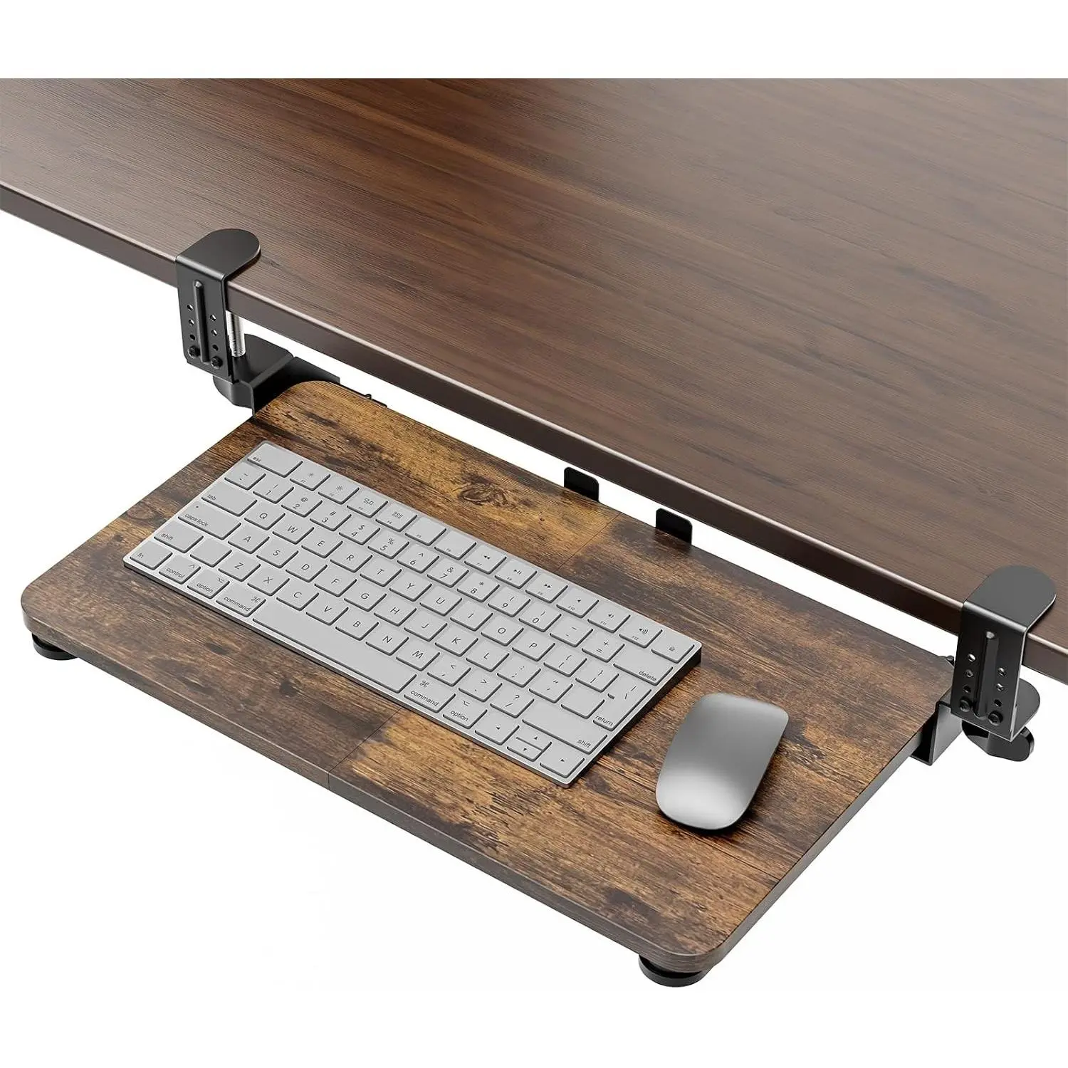 Under Desk Pull Out Keyboard & Mouse Tray with Adjustable C-clamp, 20(25.9 Including Clamps) x 11.8 Inch Slide Out Computer Drawer for Typing, Brown