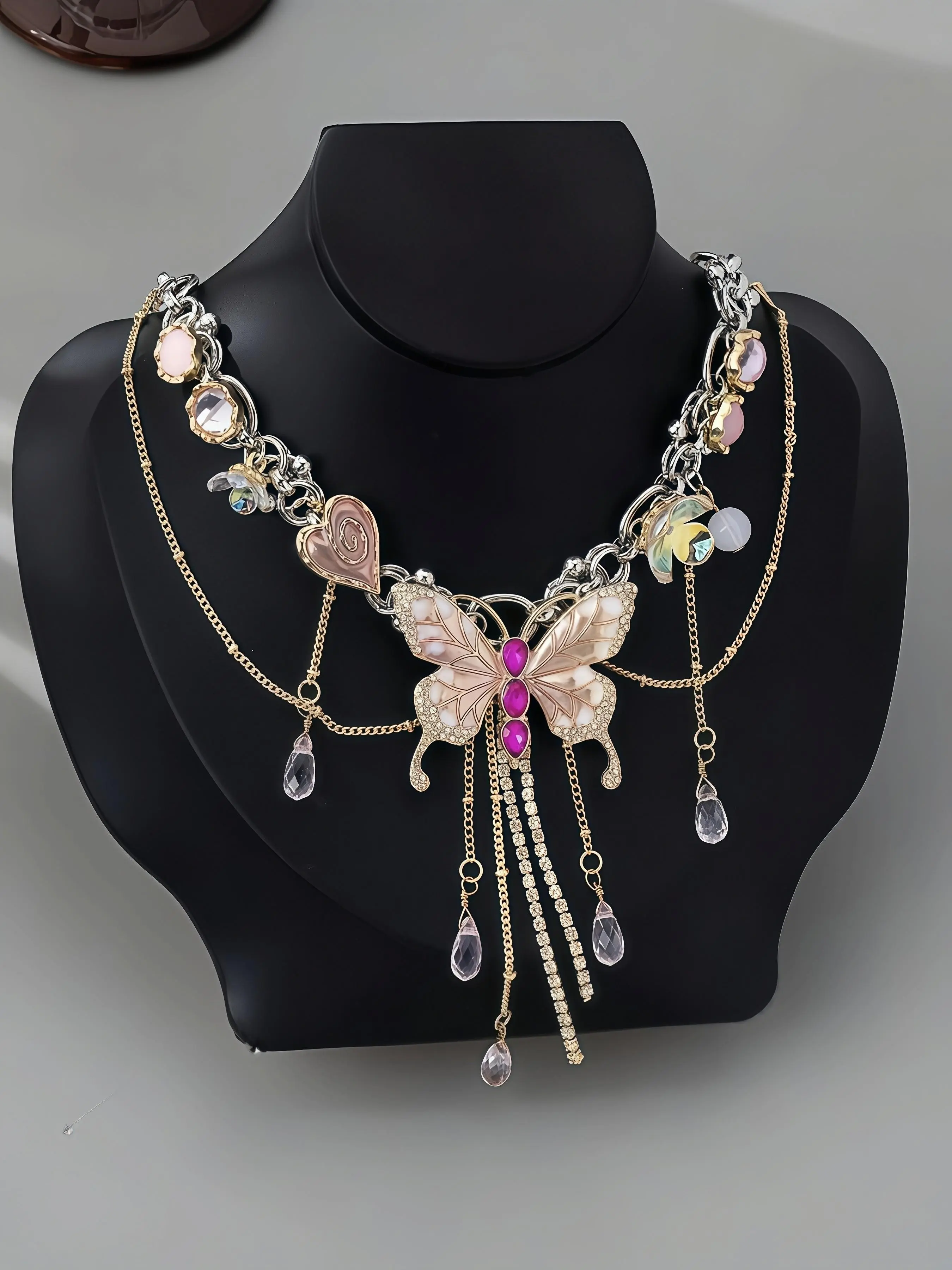 Y2K Punk Butterfly Heart Alloy Pendant Necklace, Thick Layered Chain Design, Perfect for Women's Parties, Music Festivals, Daily Wear, Gatherings