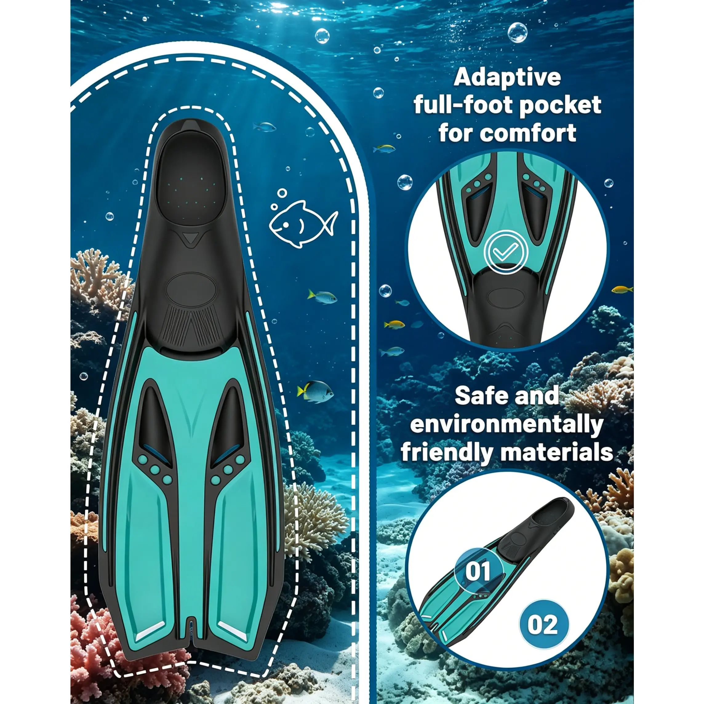 Snorkeling Fins with Storage Bag Durable Long Diving Flippers Professional Diving Equipment for Snorkeling Freediving Adult Men Women