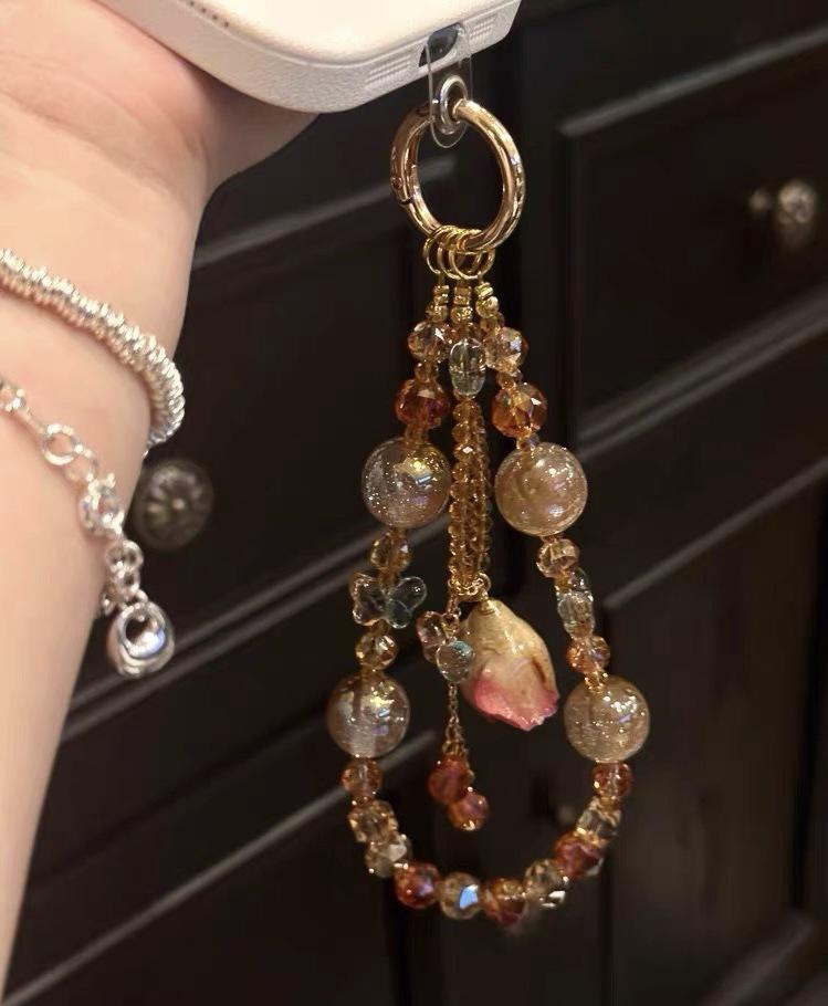 Elegant crystal orange-red glass beaded rose flower phone chain for women, keychain, phone pendant, anti-loss popular item