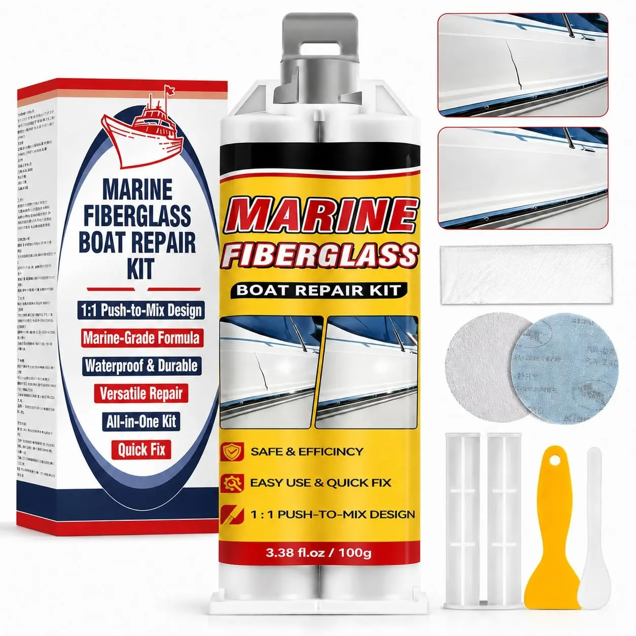 Fiberglass Repair Kit for Boats, Gelcoat Repair Kit with Waterproof Epoxy Filler, Easy DIY Solution for Fixing Holes, Chips, Cracks and Scratches, Above-Waterline Use