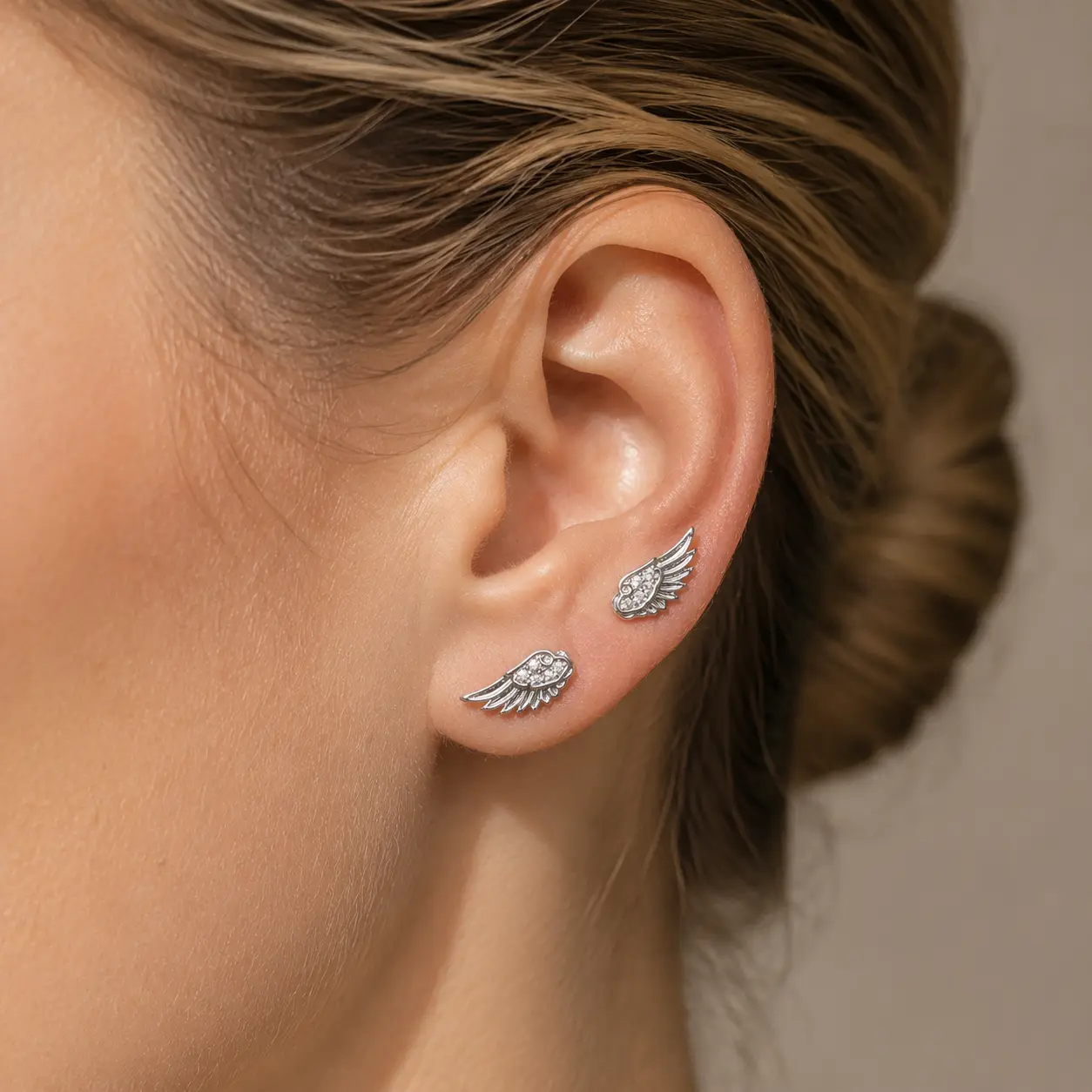 Wing Shape Cubic Zirconia Stud Earrings - 1 Pair 16G/20G Silver-Tone Unisex Casual Stackable Ear Piercing Jewelry for Lobe, Cartilage Piercings