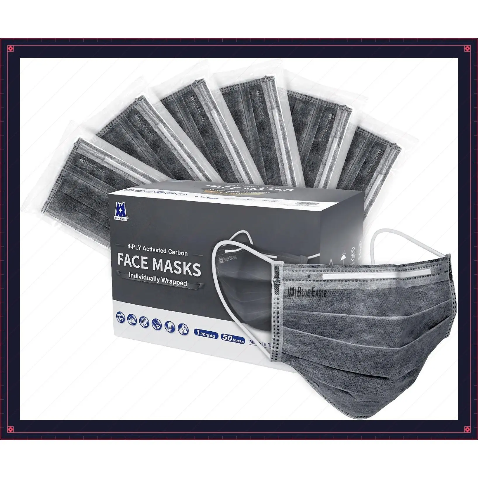 4-Ply Individually Wrapped Activated Carbon Face Masks, 50 Pcs | NP12K | 4-ply | individually wrapped | Activated charcoal filter | Large-face fit | 50 black masksGift