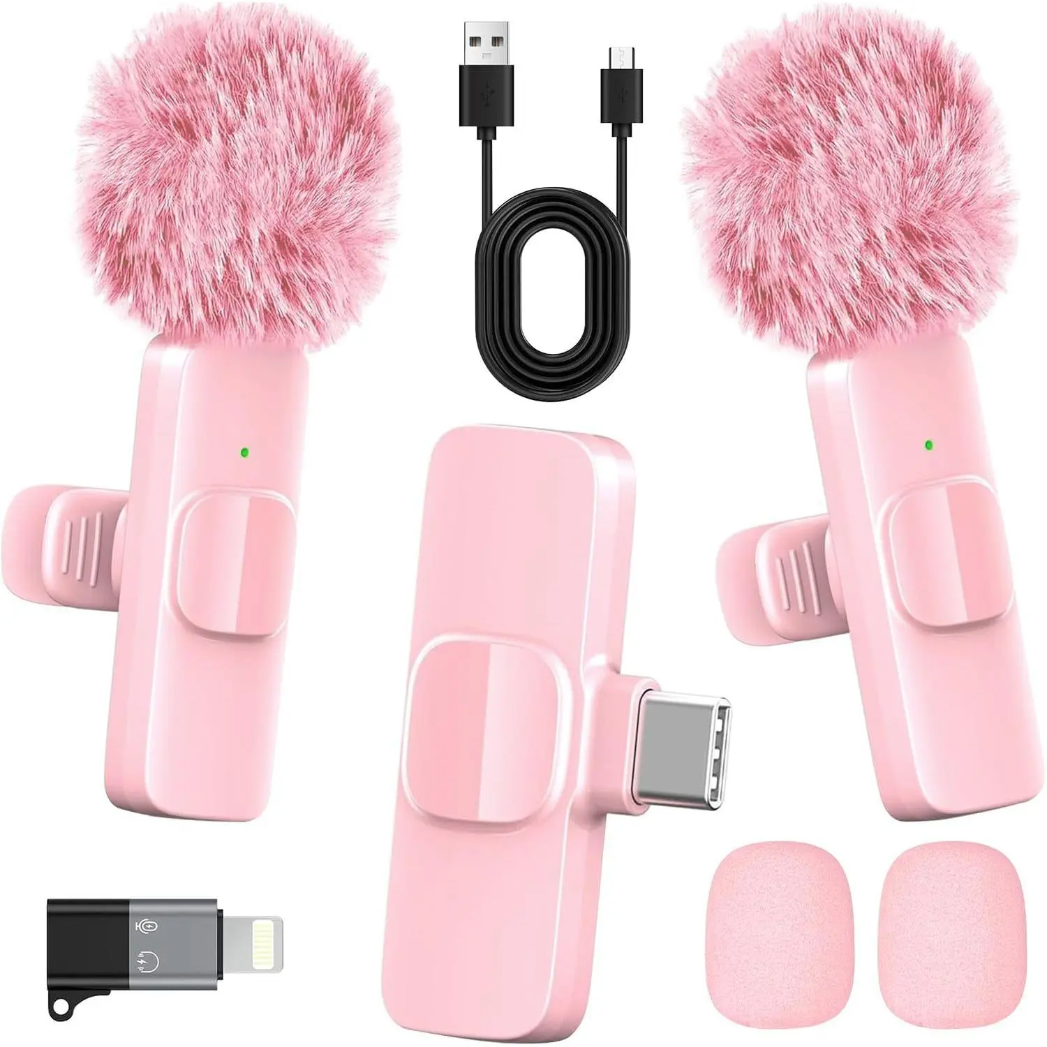 Pink 2-Mic (Type-C + Lightning Port) Wireless Lavalier Microphone 2-Pack for iPhone, Android, iPad & Smartphones, Dual Clip-On Lapel Mics with Lightning/USB-C Receiver, Wind Muff, Storage Bag, USB Connector for Recording Devices, Vlog, Interview