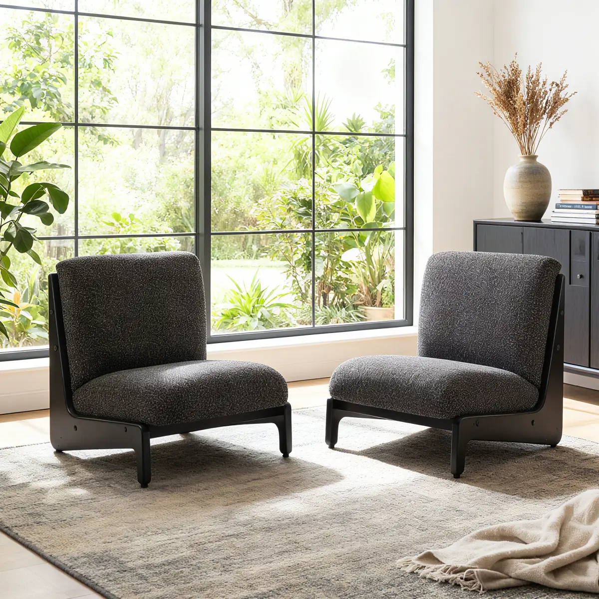 [Bellemave] Set of 2 Modern Boucle Accent Chairs with Solid Wood Frame, Armless Lounge Chairs for Living Room and Bedroom