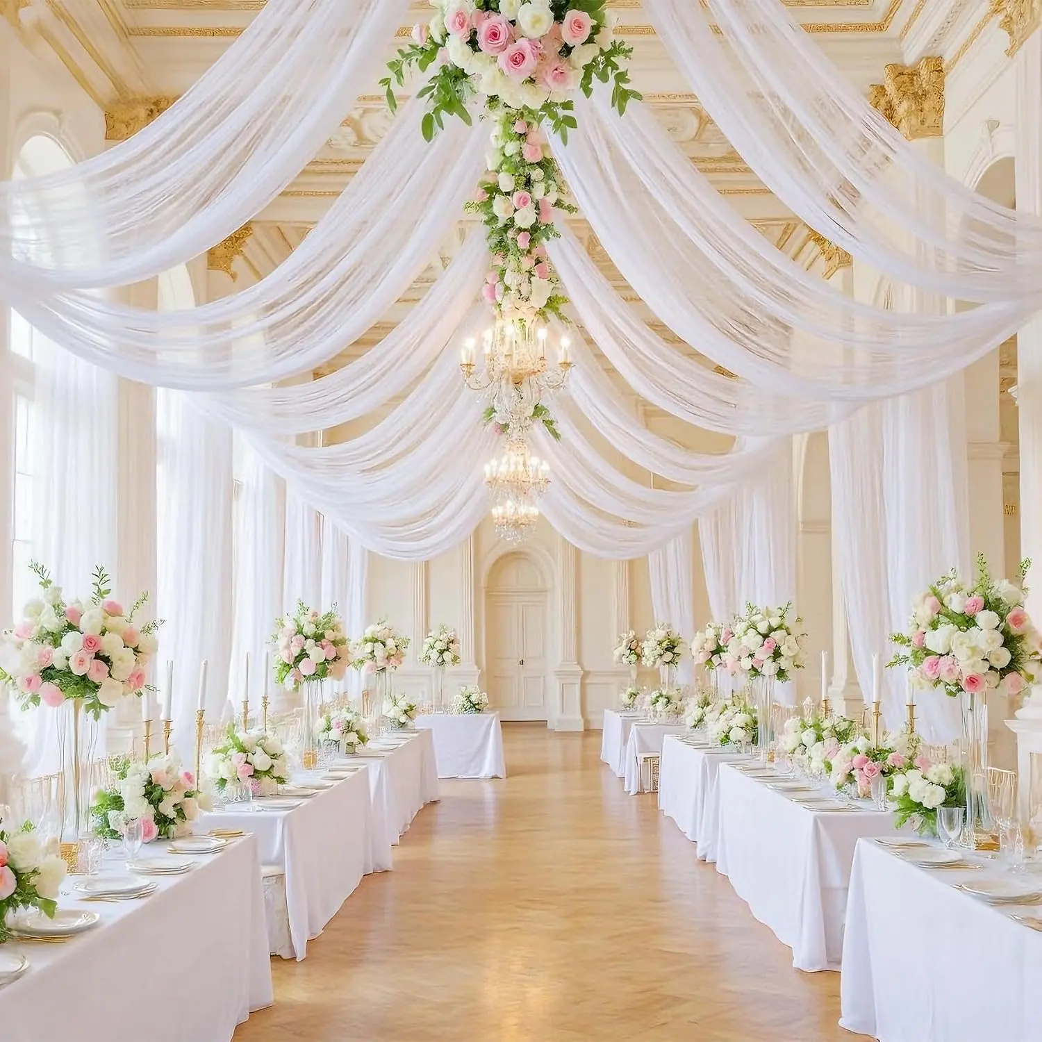 White Wedding Ceiling Drapes 6 Panels 5ft x 10ft Sheer Curtains Fabric with  Pocket, White Ceiling Draping Drapery Suitable for Wedding Arch Birthday  Shower Reception Stage Decorations