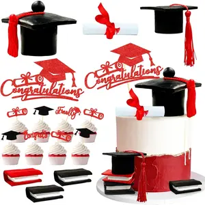 15PCS Red and Black Graduation Cake Topper Set for 2026 Graduation Cake Decorations Book Congrats Cake Toppers for Boys Girls Women Men School University Grad Party