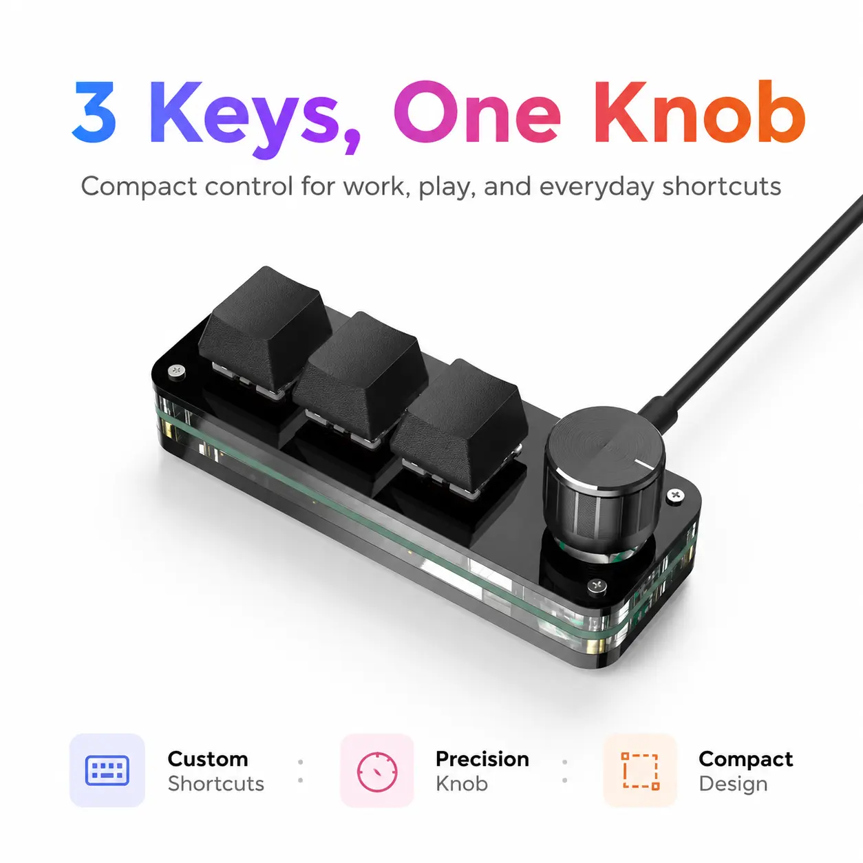 Mini Macropad Keyboard Add-On, 3-Keys RGB Lighting Custom Knob Hot Swap Red Switch, Custom Shortcuts for Photoshop Multimedia PC Gaming Accessories, Usb Cable