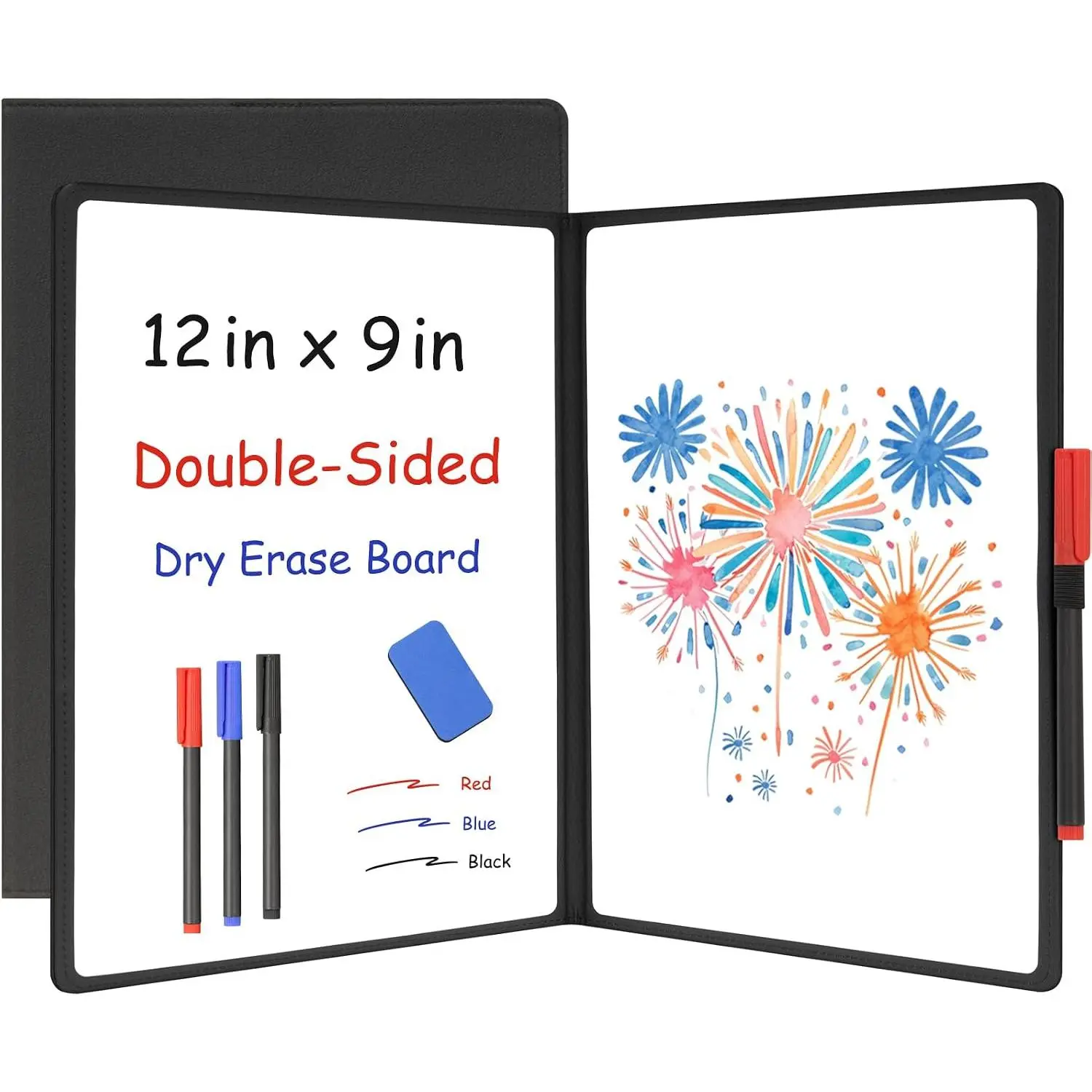 Small White Board Dry Erase, 12'' x 9'' Portable Whiteboard Notebook Black | Double-Sided A4,  Dry Erase Notebook, Foldable Mini Handheld Whiteboard,  PU Leather, Easy to Clean