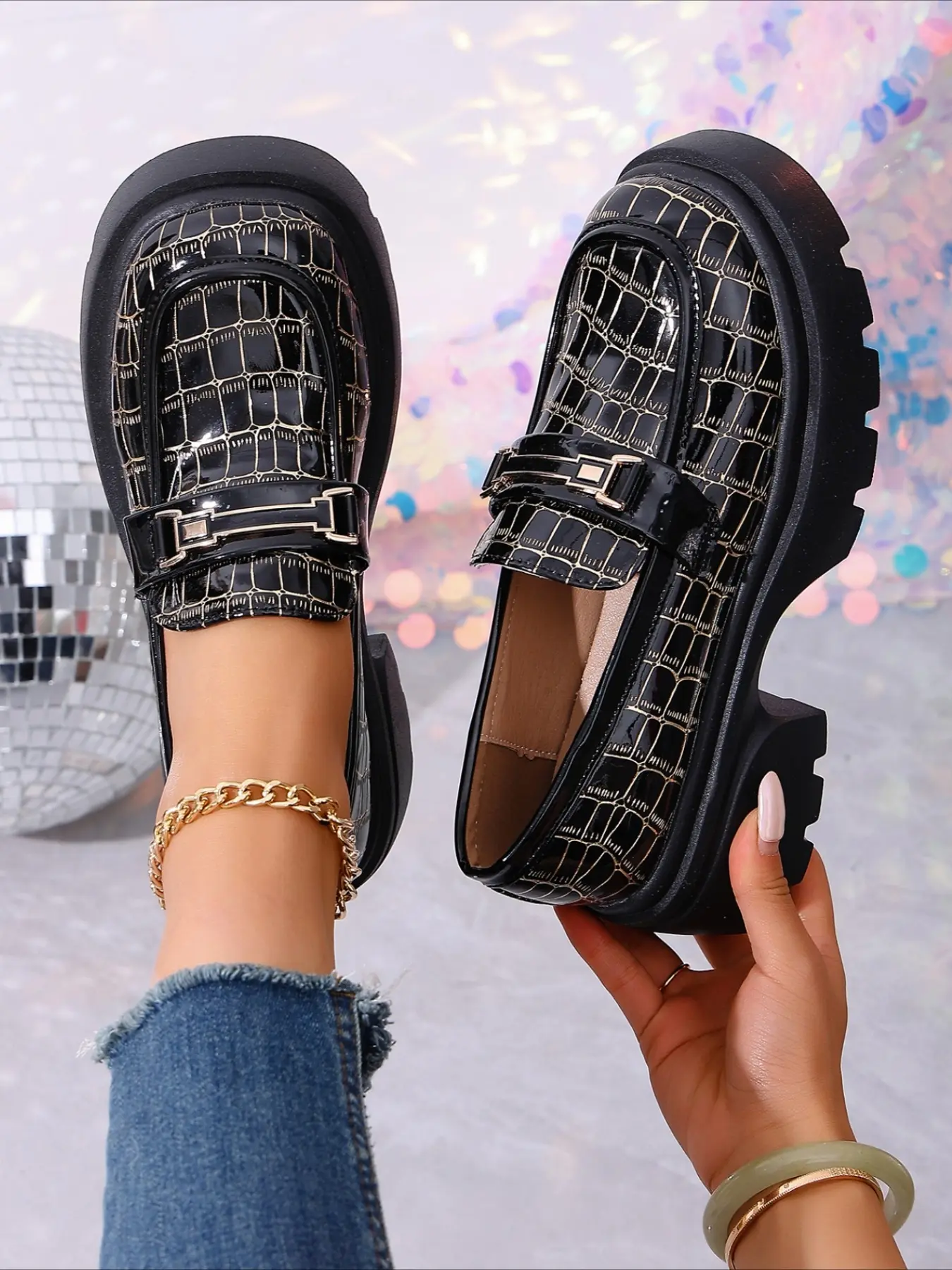 Glossy plaid platform loafers with metal horsebit round thick sole heightening sweet retro slip-on leather shoes for women daily wear