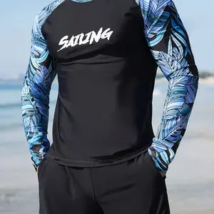 [Top Solely] Men'S Long Sleeve Rash Guard, Suitable Surfing, Diving, Beach And Outdoor Activities, Modern Athletic Gear, Flexible Material Swimwear, Durable Contrast Stitching, Fitness Enthusiast, Fashion Athletic Style
