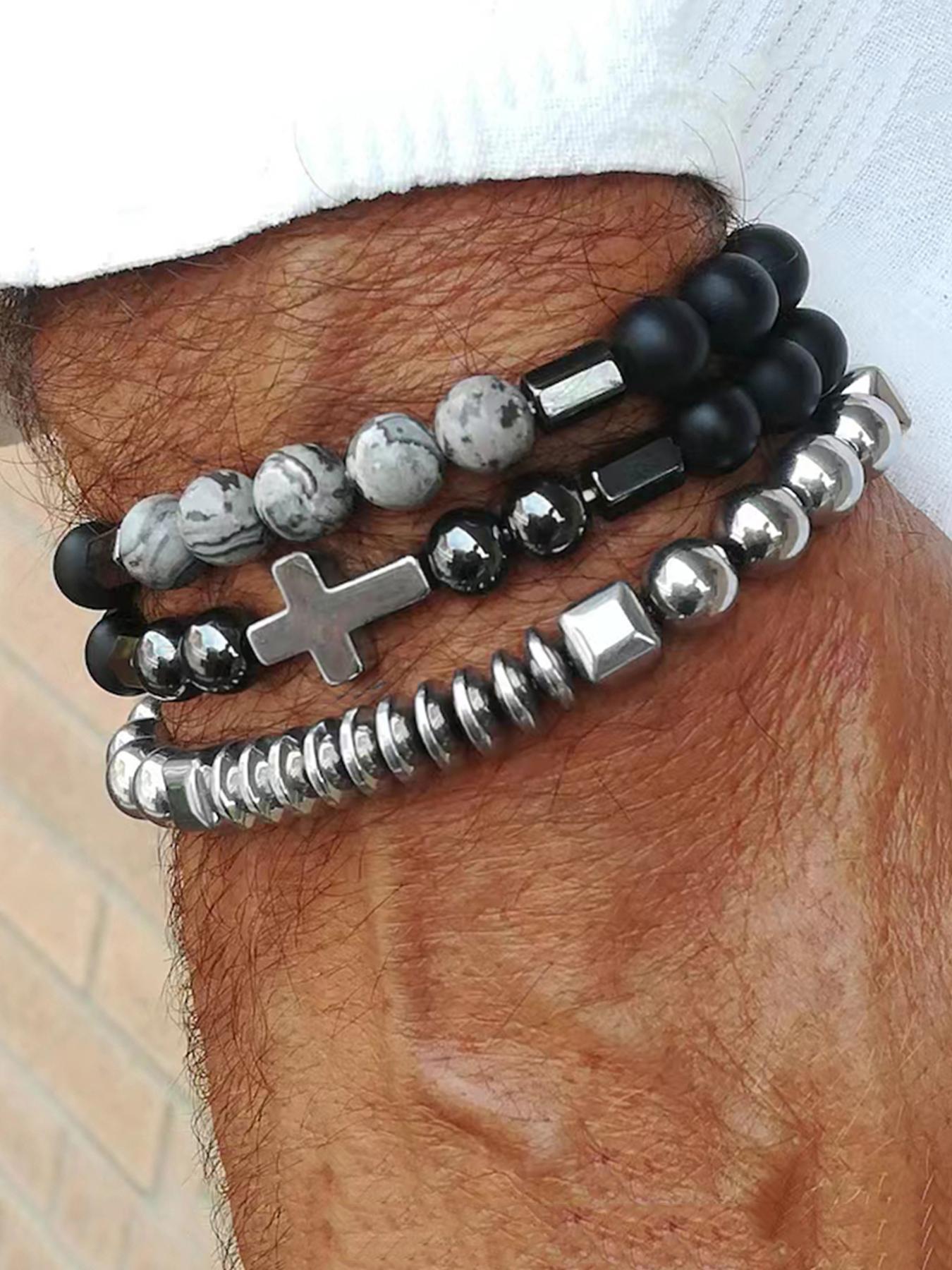 Men's Street Trend Beaded & Cross Charm Bracelets, 3pcs/set Trendy Minimalist Matching Bracelets, Chic Hip Hop Vintage Jewelry As Gift for Boyfriend, Stackable Bracelets, Mix Bracelets, Bangles Bracelets Set