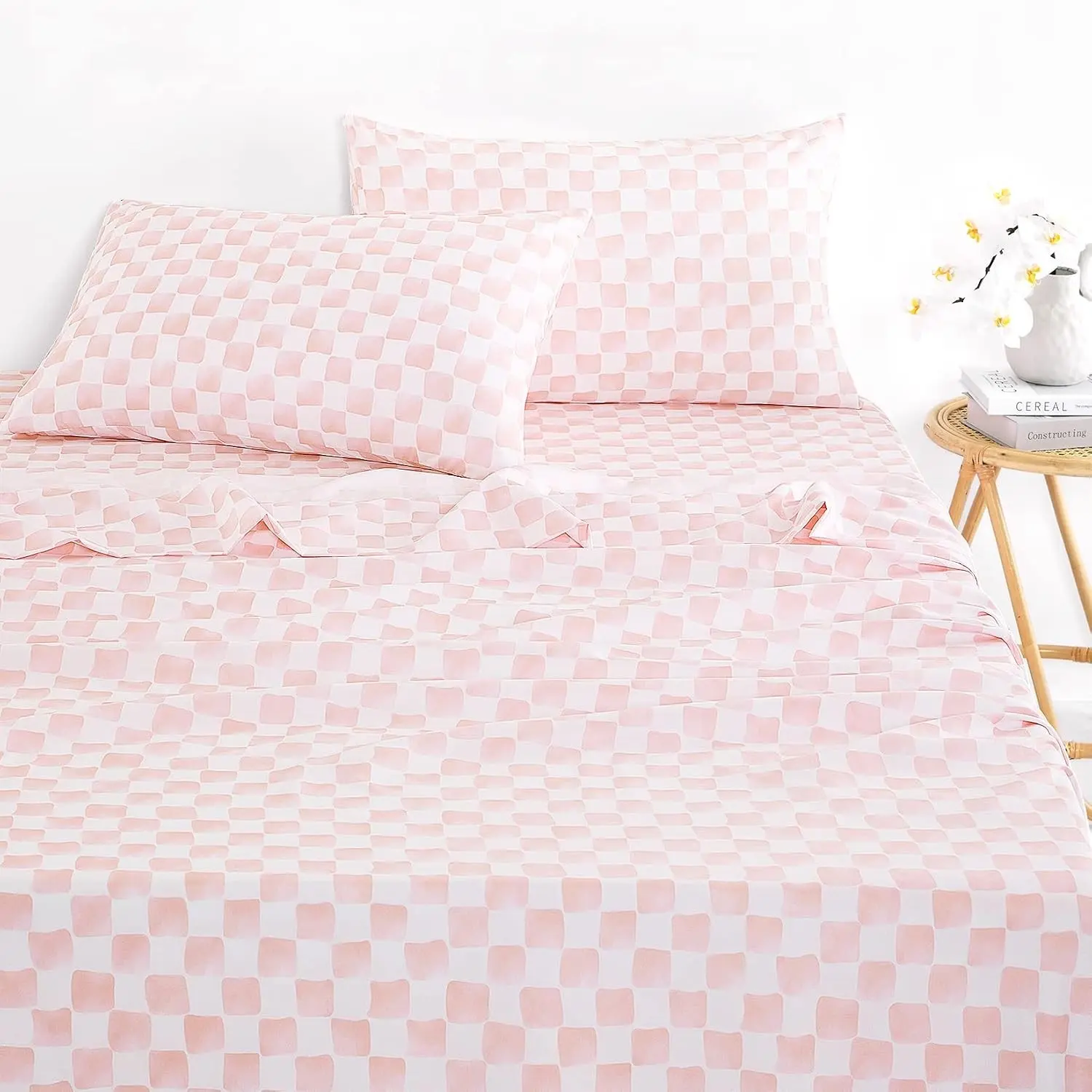 Gingham Sheet Set, 4-Piece Checkered Grid Plaid Geometric Preppy Hand Drawn Pattern Printed Bedding, Deep Pocket, Pink White, Full Size