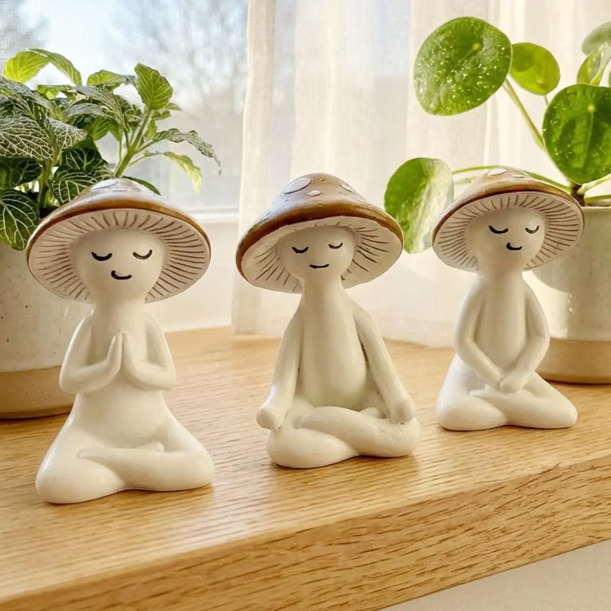 Three-Piece Meditation Mushroom Decor Set, Resin Yoga Mushroom Statue, Cute Zen Garden Ornament, Desk, Office, Home Decor