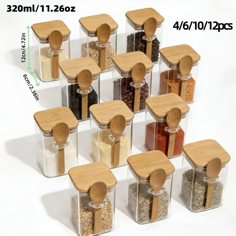 320ML Glass Spice Jars Set, Reusable Airtight Glass Seasoning Containers, Bamboo Lid & Wooden Spoon, Kitchen Food Storage Jars, 4/6/10/12 Pcs