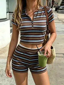 Women's Casual Striped Two-Piece Set, Slim-Fitting Crop Top and Short Pants, Summer Daily Wear, Lightweight, Fashionable High Waist, Basic Outdoor Outfits, Womenswear