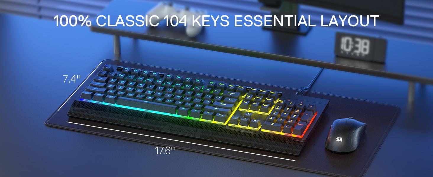 Redragon K525 RGB Backlit 104 Keys Wired Membrane Gaming Keyboard w/ 5 Multimedia Keys & 4 Extra On-Board Macro Keys, Dedicated Media Control, Ergonomic Wrist Rest, Linear Mechanical-Feel Switch