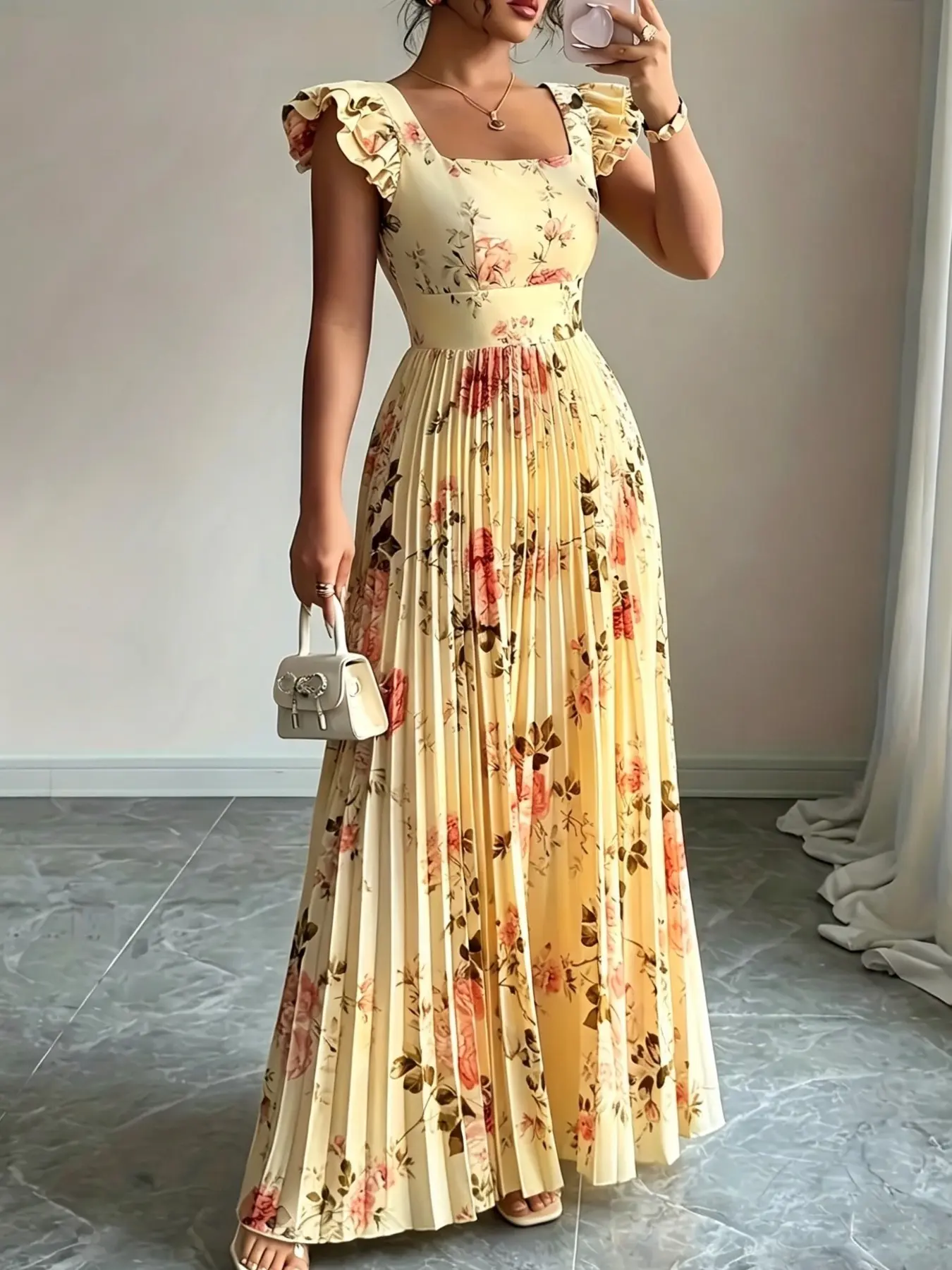 Elegant Floral Print Pleated Skirt Dress for Women, New Summer Autumn Fashion, Stylish Midi Dress with Ruffled Hem, Perfect for Daily Wear