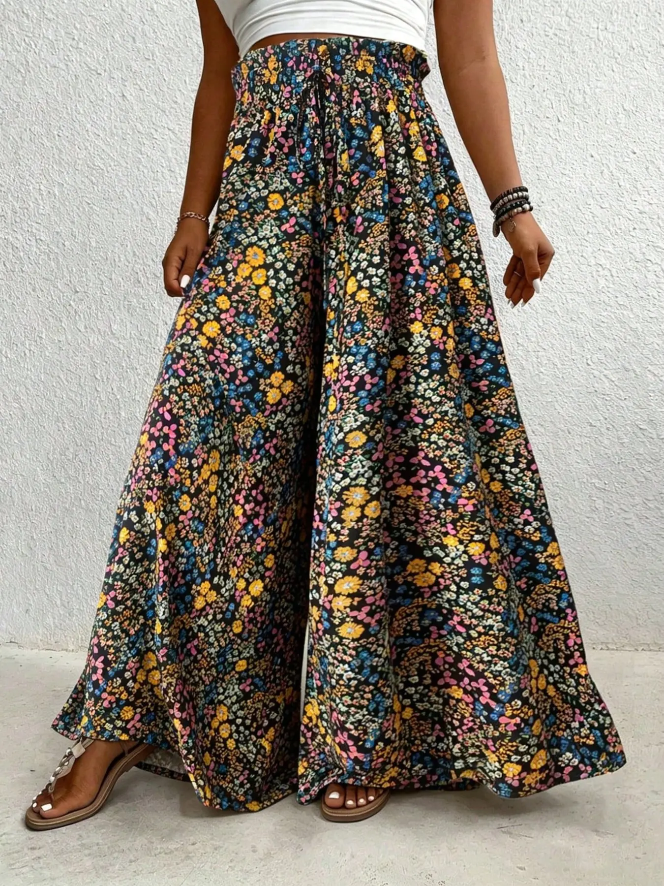 Spring Summer Fashion Chiffon Floral High Waist Wide Leg Pants, Loose Fit Casual Comfortable Beach Skirt Pants, Long Sleeve Bottoms
